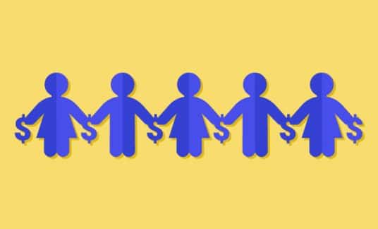 Yellow background with 5 blue paper cutout icons of people holding hands and dollar signs