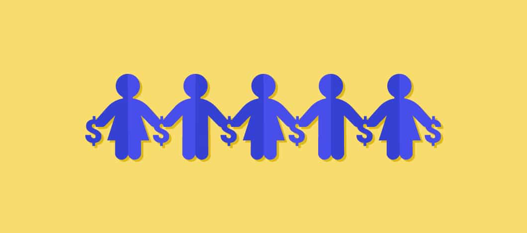 Yellow background with 5 blue paper cutout icons of people holding hands and dollar signs