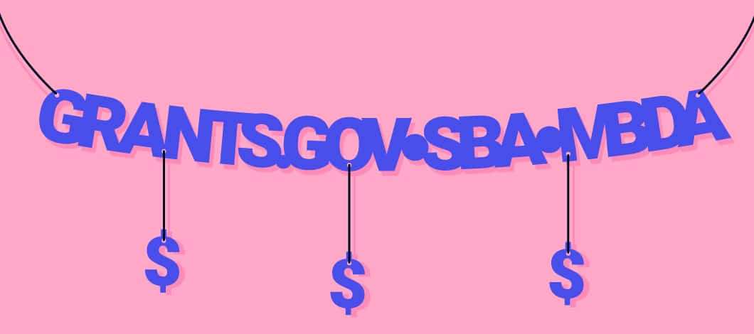 Pink background with blue a string of words, including Grants.gov, SBA and MBDA, with dollar signs