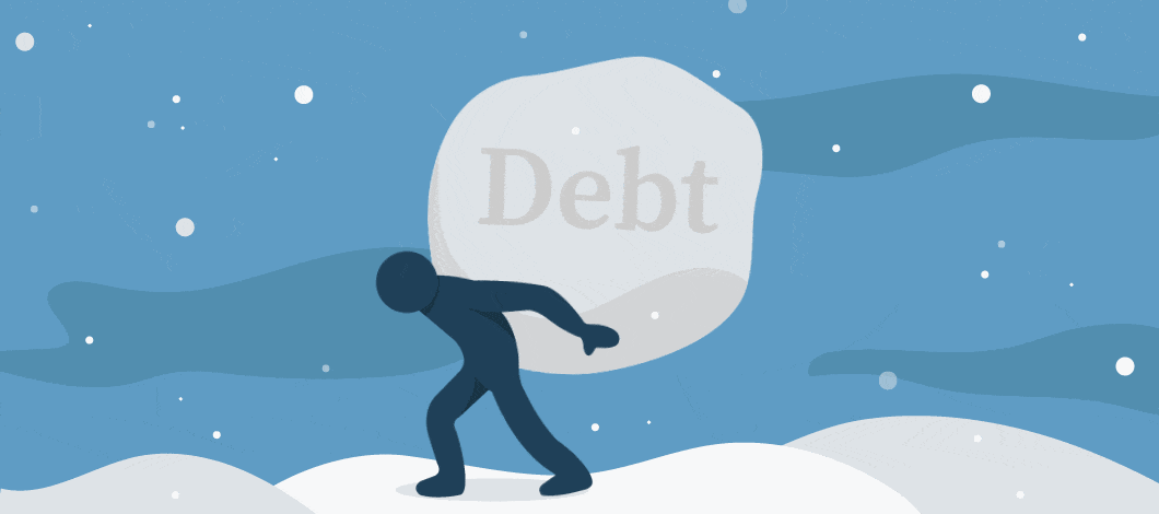 Person holding a large snowball on his back labeled “debt”