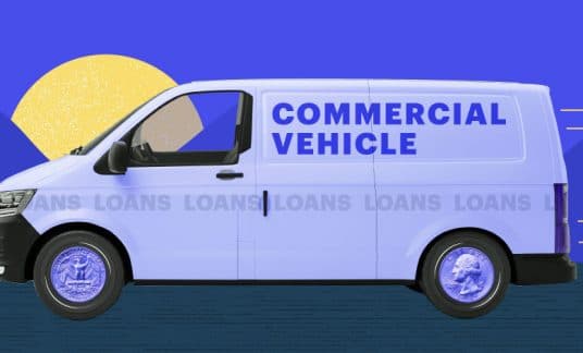 Blue background with a moving van showing the words “commercial vehicle loans” on it with quarters as wheels.