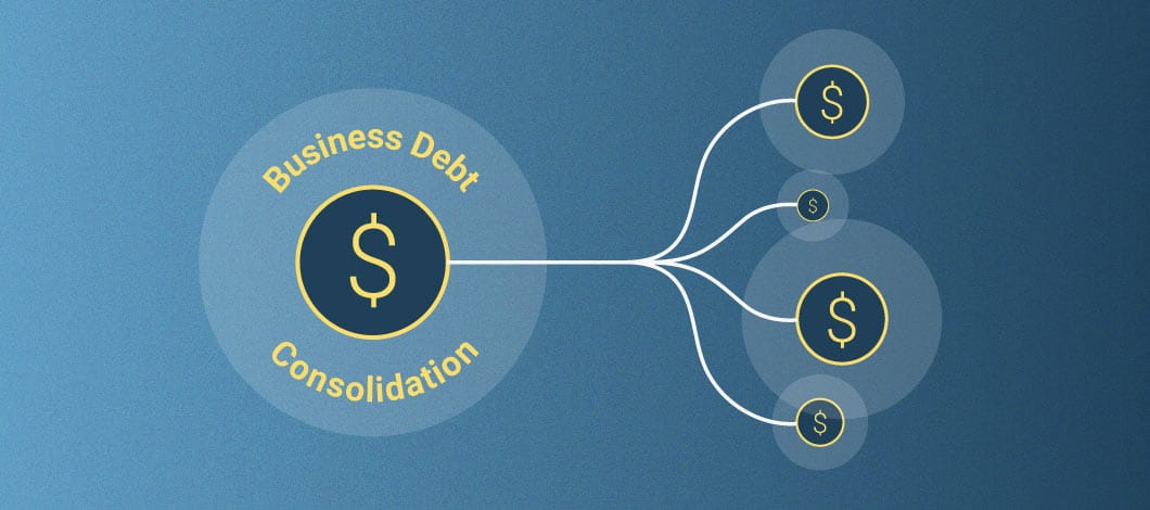Infographic with one large circle and a dollar sign with the words “Business Debt Consolidation” linked to 4 smaller circles with dollar signs