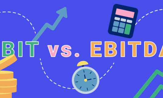 Graphic of a calculator, coins and timer with the acronyms EBIT vs. EBITDA