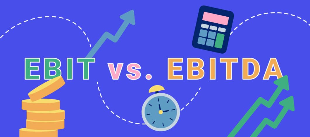 Graphic of a calculator, coins and timer with the acronyms EBIT vs. EBITDA