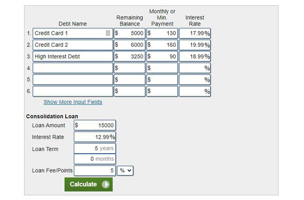 Image of debt consolidation calculator inputs and calculations showing 3 debts consolidated to 1 along with the new payment amount and difference in total interest