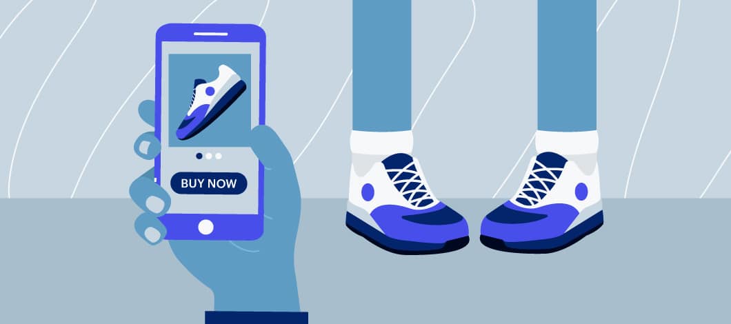 Blue background with a person wearing sneakers in the background and a hand holding a mobile device with an image of a shoe and the words "Buy Now".