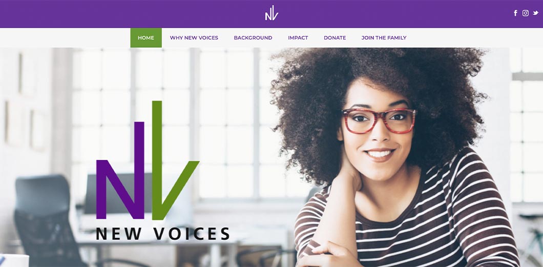 New Voices’ homepage with the organization’s logo and a photo of a woman with glasses smiling while seated in an office