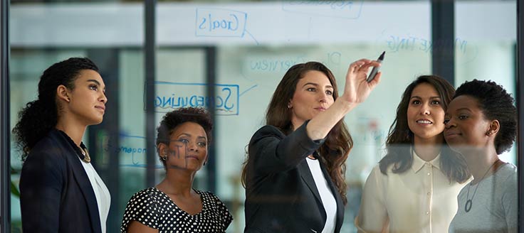 Co-workers write their business strategy on a glass wall at the office.