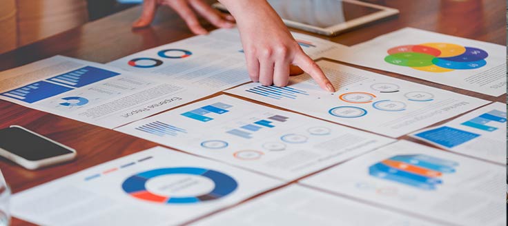 A business person reviews charts in a report. Make sure to track and evaluate your progress with Reddit marketing.