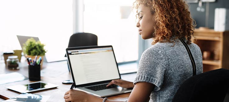 A woman review her business plan on her laptop.