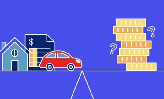 Car, house and bill balancing with bricks