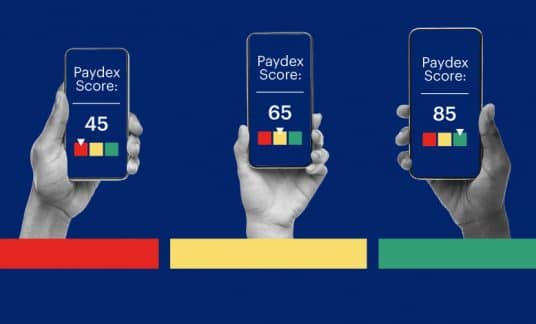 Three different hands holding smart phones showing different paydex scores
