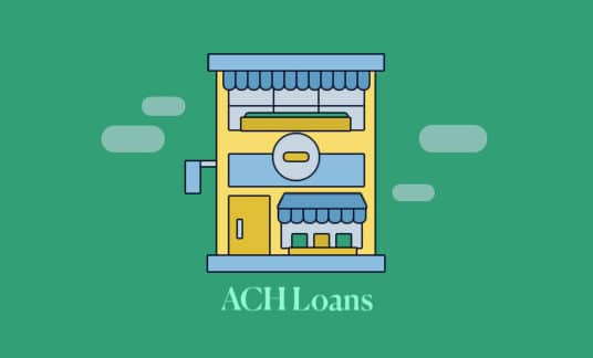 Green background with a graphic of a building storefront with the words “ACH loans” below