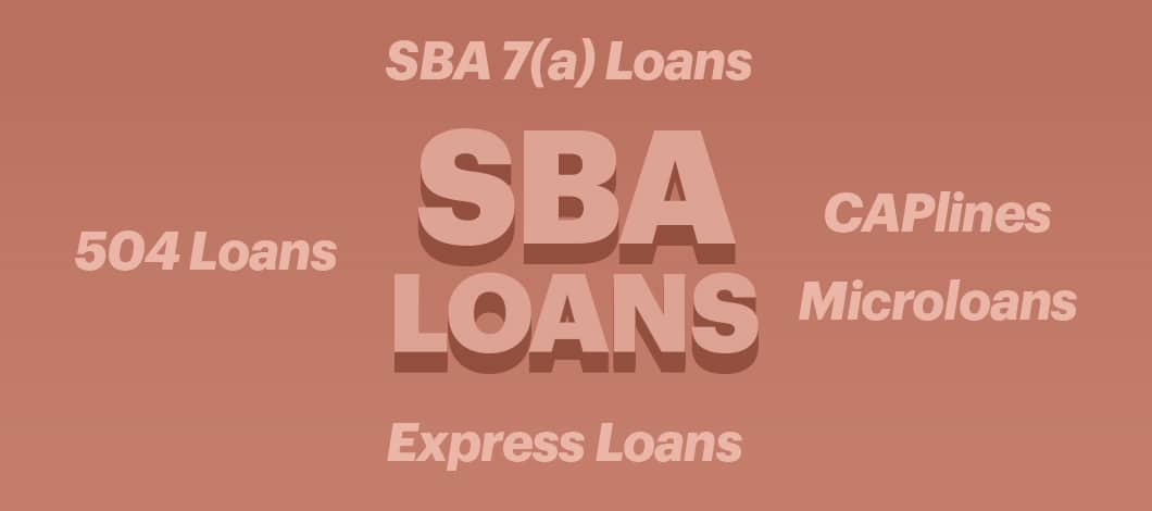 SBA Loans, SBA 7(a) Loans, Express Loans, 504 Loans, CAPlines and microloans with a brown backdrop