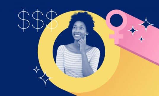 Blue background with photo of woman encircled in yellow with 3 dollar signs around and the sign for the female gender in pink.
