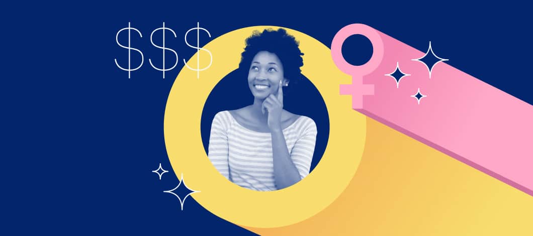 Blue background with photo of woman encircled in yellow with 3 dollar signs around and the sign for the female gender in pink.