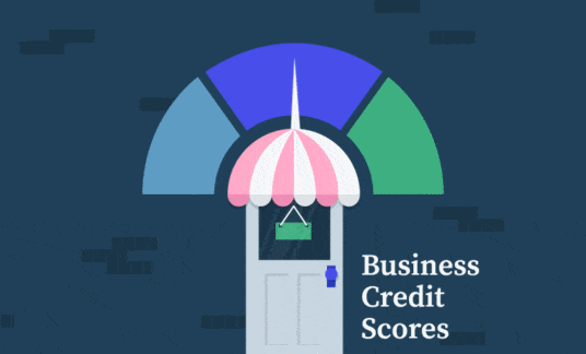 Blue background with storefront door and awning with a moving speedometer graphic above and the words “Business Credit Scores”