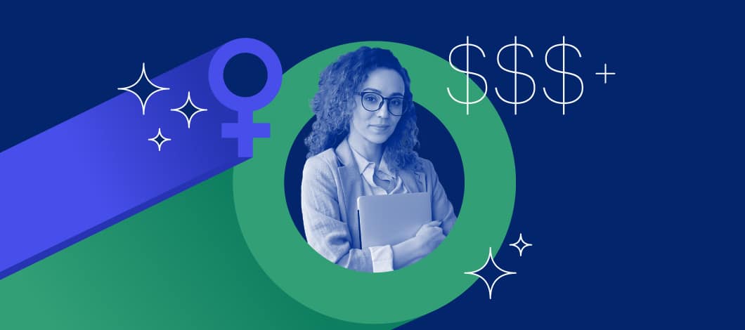 Blue background with photo of woman with glasses encircled in green with 3 dollar signs around and the sign for the female gender in blue.