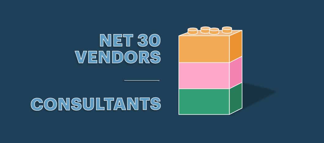 A stack of blocks next to the words "net 30 vendors" and "consultants," which are companies that help build business credit.