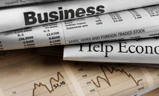 Rolled up newspapers, one with the heading Business, another Help Economy