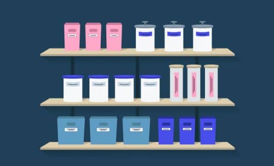 Blue background with image of shelves and canisters of varying sizes and colors on each shelf.