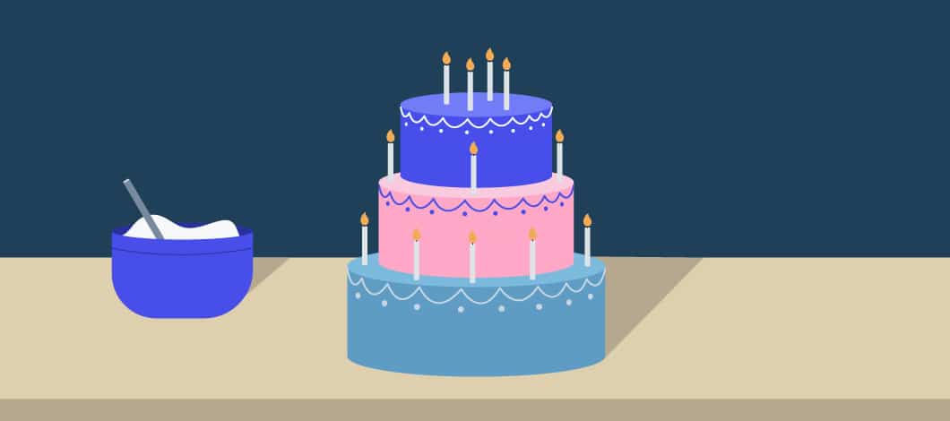 Blue background with a graphic of a table with a 3-tiered blue and pink cake on it, placed next to a mixing bowl with spoon.
