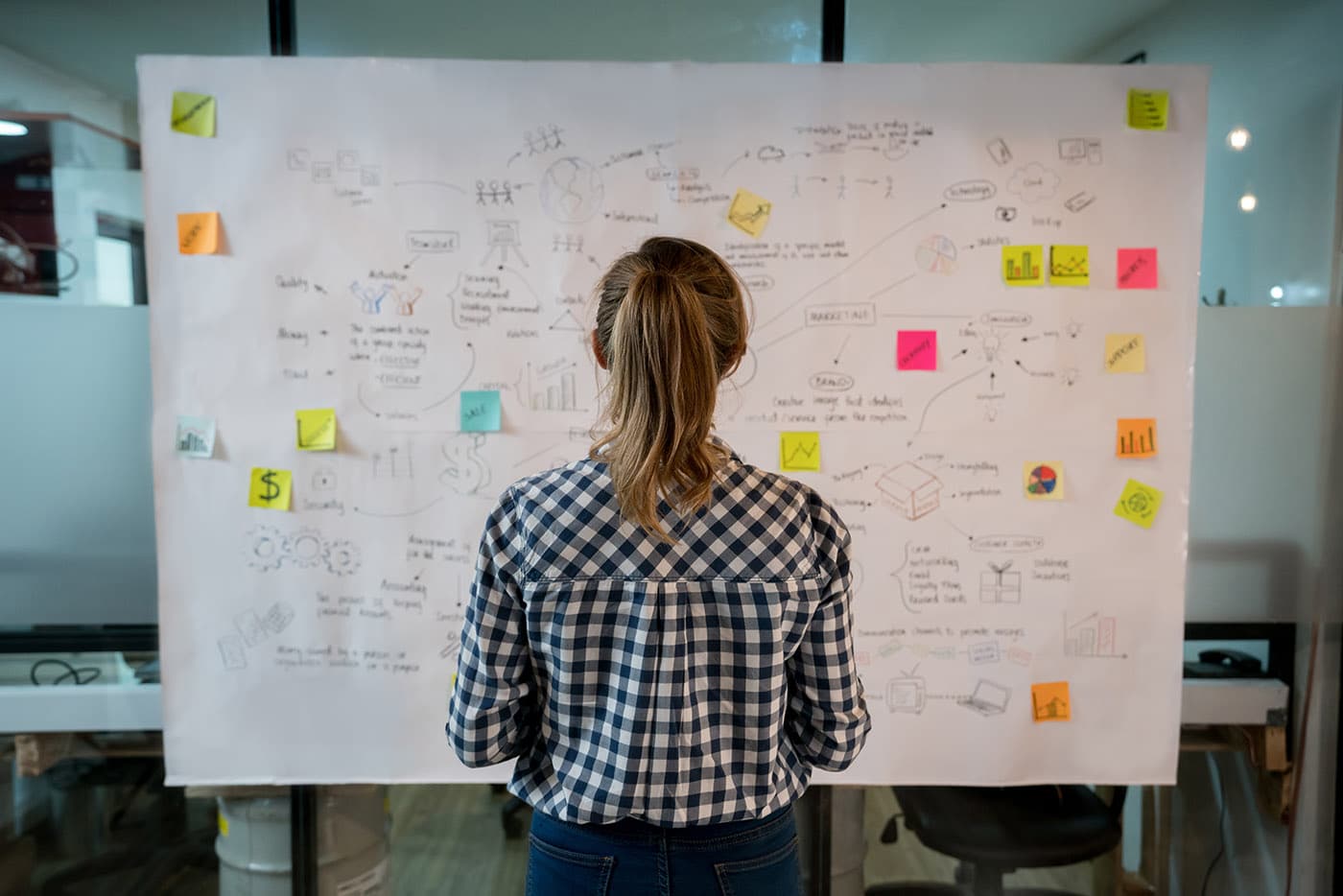 Woman in an office looking at a white board full of writing and Post-it notes