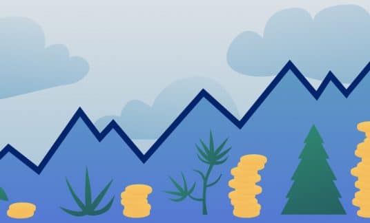 An arrow charts upward over growing piles of coins and gradually larger trees, symbolizing a growing profit margin.