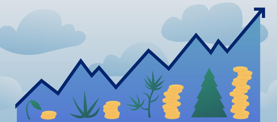 An arrow charts upward over growing piles of coins and gradually larger trees, symbolizing a growing profit margin.