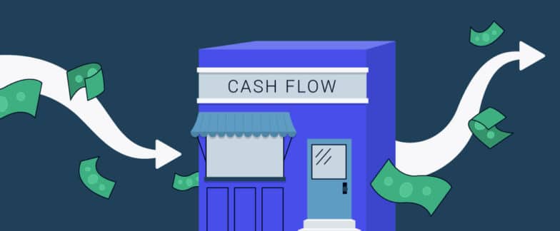 Image of a building with the words “cash flow” on it, with arrows before and after the building and dollar bills flying all around