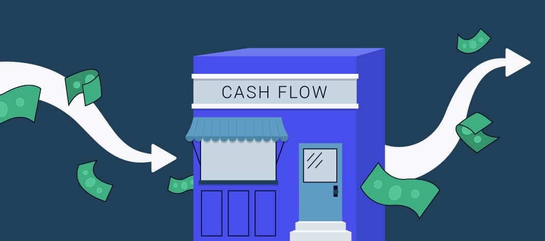 Image of a building with the words “cash flow” on it, with arrows before and after the building and dollar bills flying all around