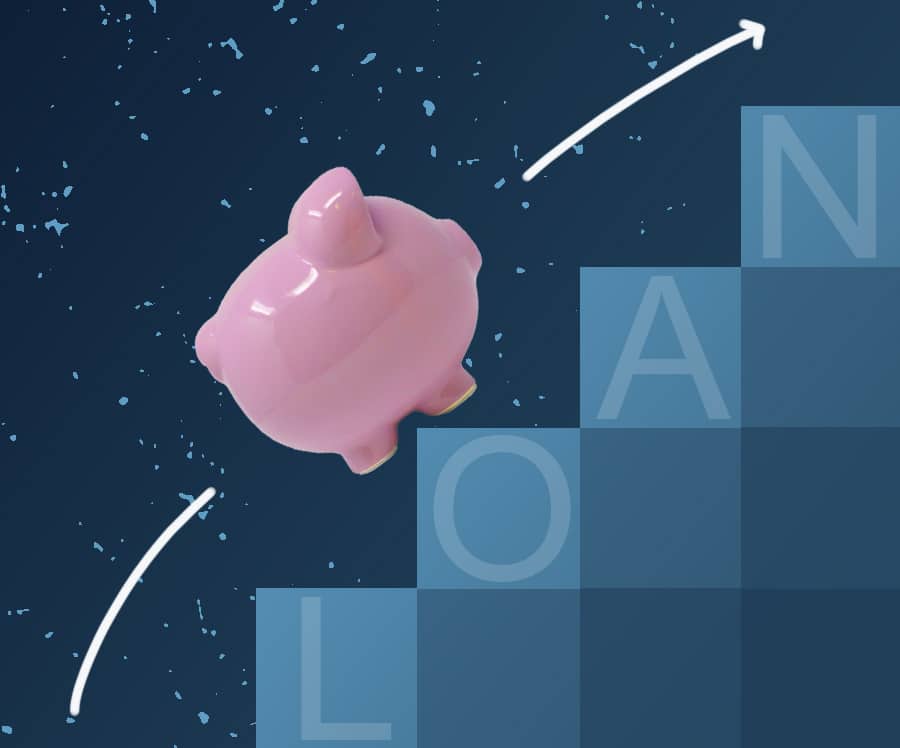 Piggy bank taking the steps to get a business loan.