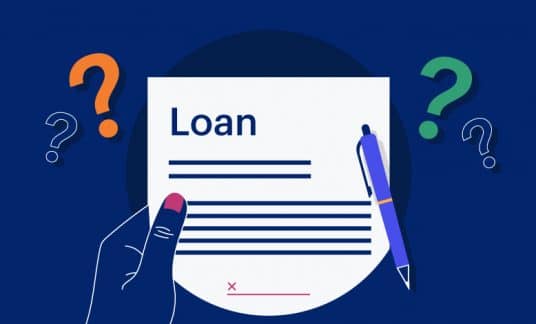Dark blue background with a graphic of a hand holding a loan document with question marks around
