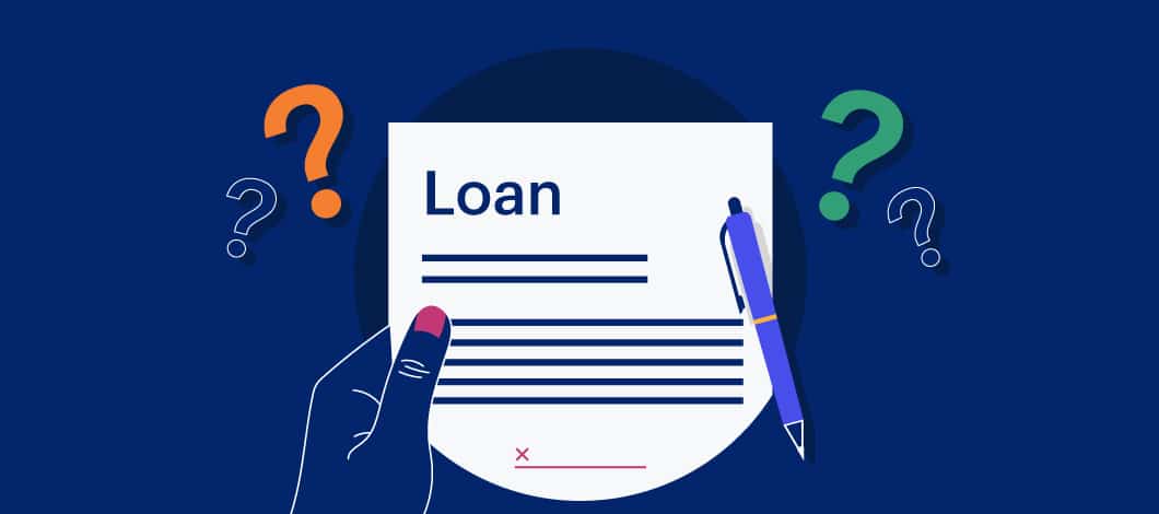 Dark blue background with a graphic of a hand holding a loan document with question marks around