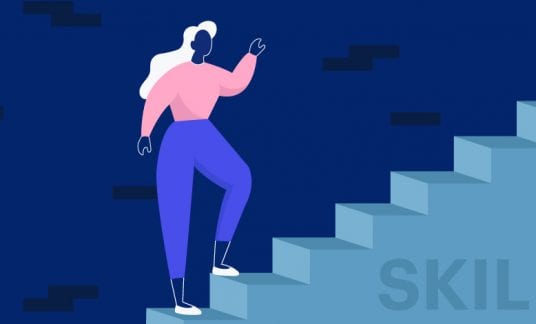 Woman climbing steps to upskill.