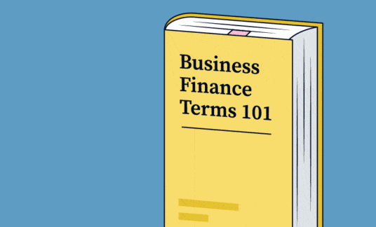 Moving image of a yellow book opening and closing with the title Business Finance Terms 101