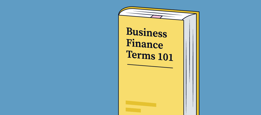 Moving image of a yellow book opening and closing with the title Business Finance Terms 101