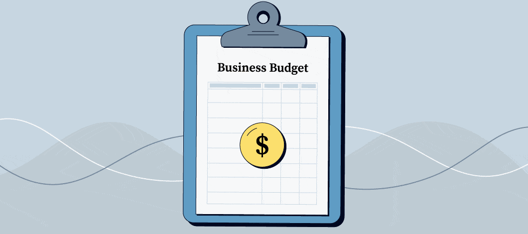 Moving image of a clipboard and a spreadsheet labeled “business budget” with a colorful pie chart and dollar sign in the middle