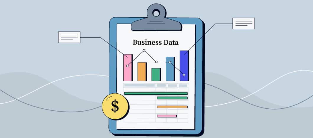 Graphic of a clipboard with several colorful bar charts and the words “business data” at the top and a dollar sign below