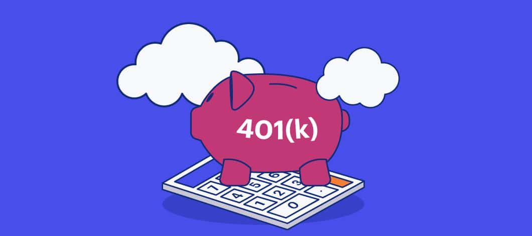 A piggy bank labeled “401(k)” stands on a calculator.