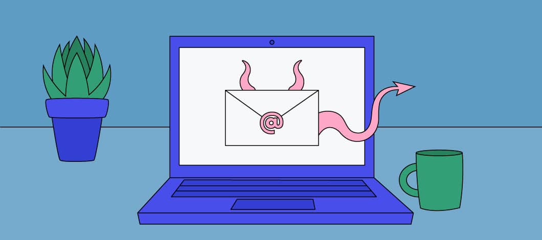 On a laptop screen, a devilish email envelope sports horns and a tail.