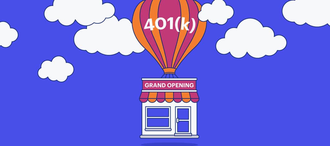 A hot-air balloon labeled “401(k)" is hoisting a small shop with a banner that reads, “Grand Opening.”