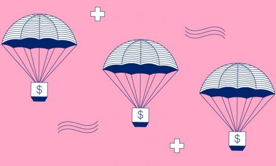 Pink background with 3 parachutes each with a dollar sign on it