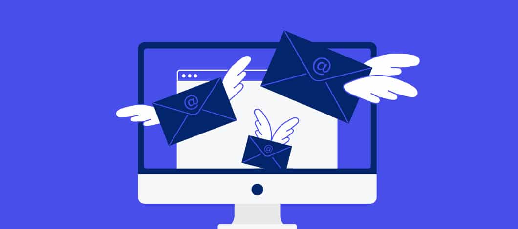 Email envelopes with wings flutter off a computer screen.