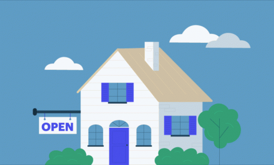 House with open sign in front and internet symbol