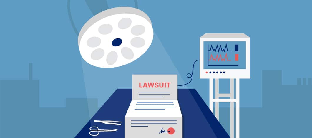 Blue background with a graphic of a lawsuit document on an operating table surrounded by medical equipment