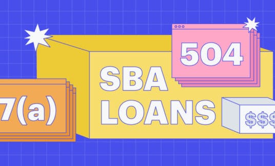 Blue background with three different colored boxes, one with "SBA loans," another with "7(a)" and another with "504"