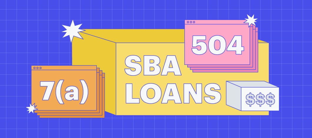 Blue background with three different colored boxes, one with "SBA loans," another with "7(a)" and another with "504"