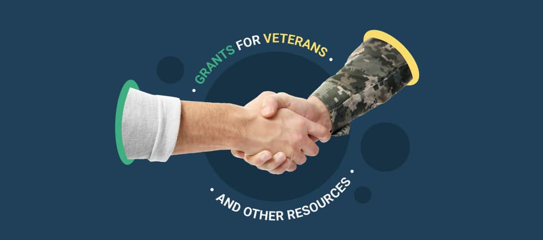 Two arms meeting for a handshake, one with a camouflaged sleeve and the words “Grants for Veterans and Other Resources” around