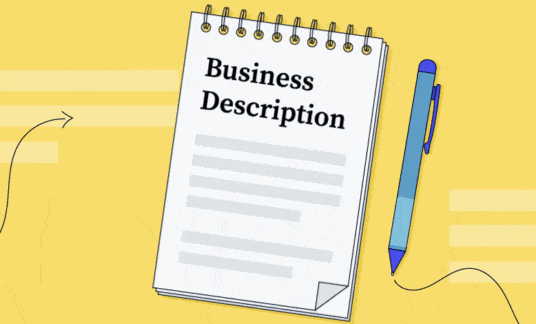 Notepad with the words “business description” on it and a blue pen to the side